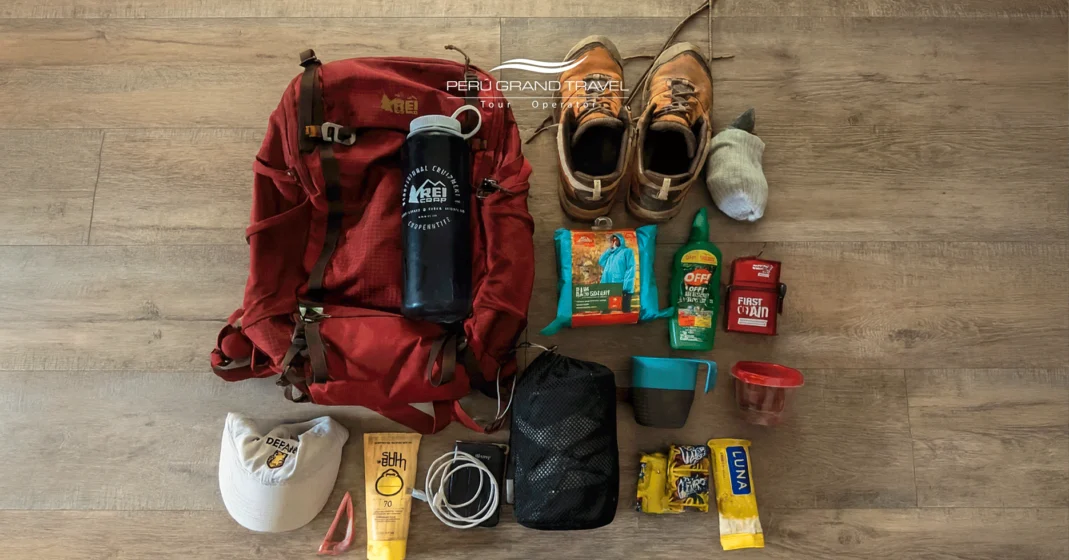 Travel items, backpack, trekking boots, hat, cell phone charger, snacks, sleeping bag, water for hydration, trekking jacket, long socks, sunscreen, essential items for the Inca Trail, things you should take if you are going to do the Inca Trail, things to take on the Inca Trail