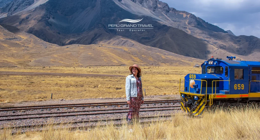 Luxury train crossing the Andes on its way to Puno with stunning landscapes.