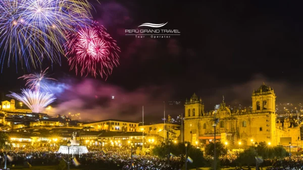 Panoramic view of Cusco illuminated during New Year’s celebrations in the Peruvian Andes.