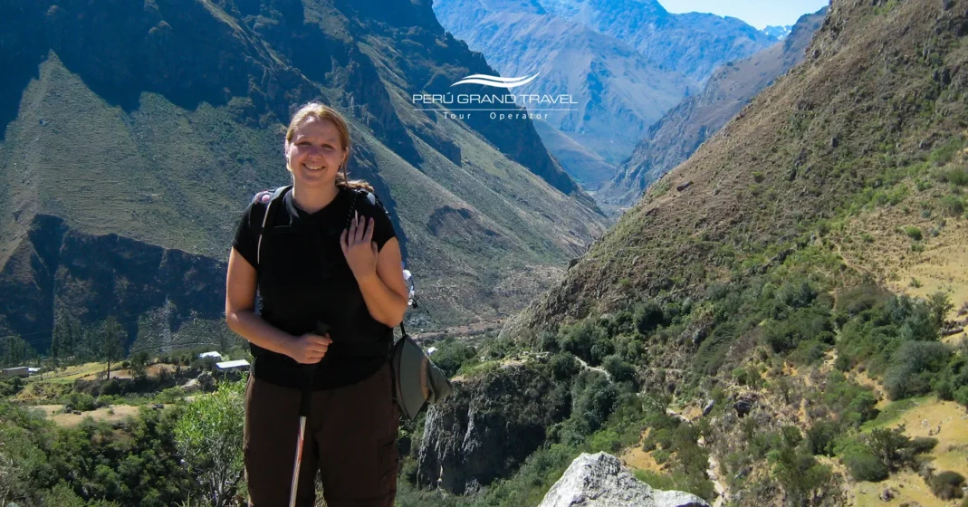 Traveler on the Inca Trail hiking through the Andes