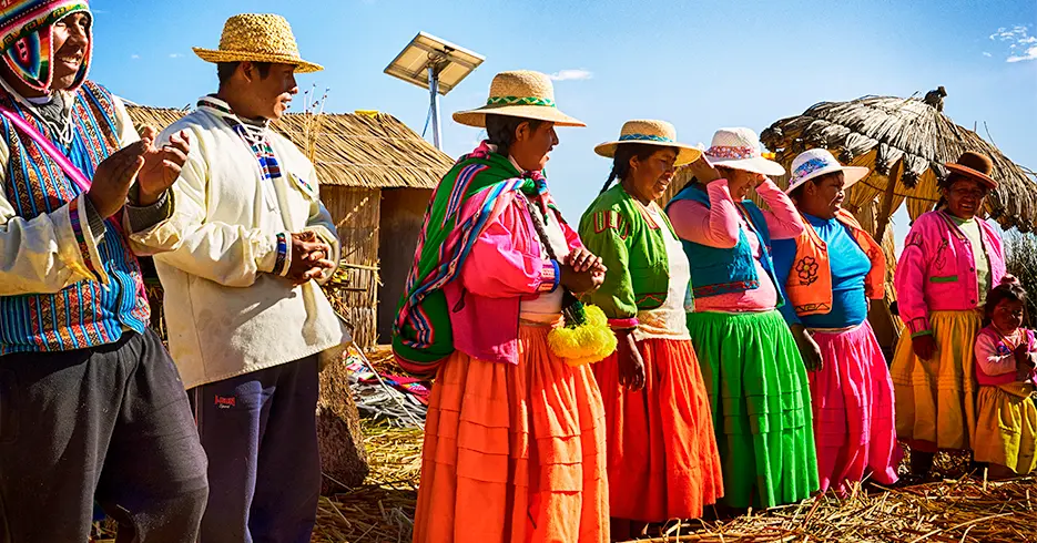 community of the floating island of Uros in Puno, Peru