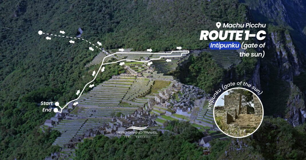 Route 1C of Machu Picchu circuit 1 view of the circuit and the spaces that run through Inti Punku, Puerta del Sol