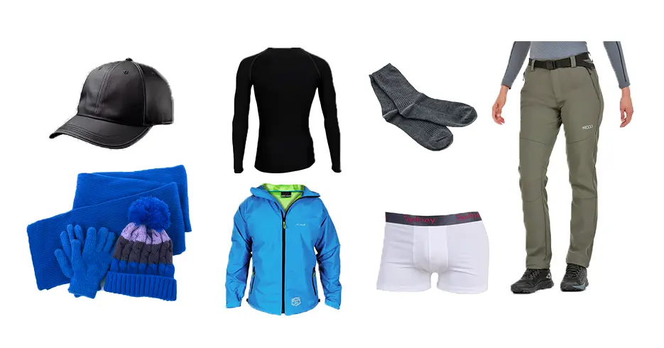 What to wear for the short inca trail to Machu Picchu: cap, socks, scarf, gloves, trekking pants, and a waterproof jacket.
