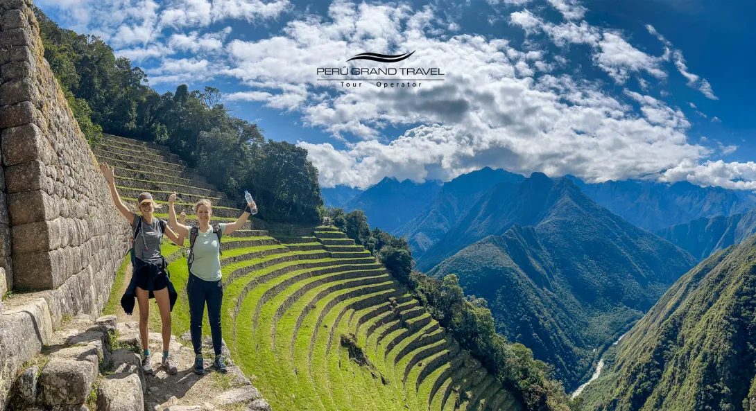 People at Intipunku, entrance to the Inca Trail, travelers in Machu Picchu, Inca Trail, Sun Gate, panoramic photo of trekkers on the Inca Trail, travelers at Intipunku