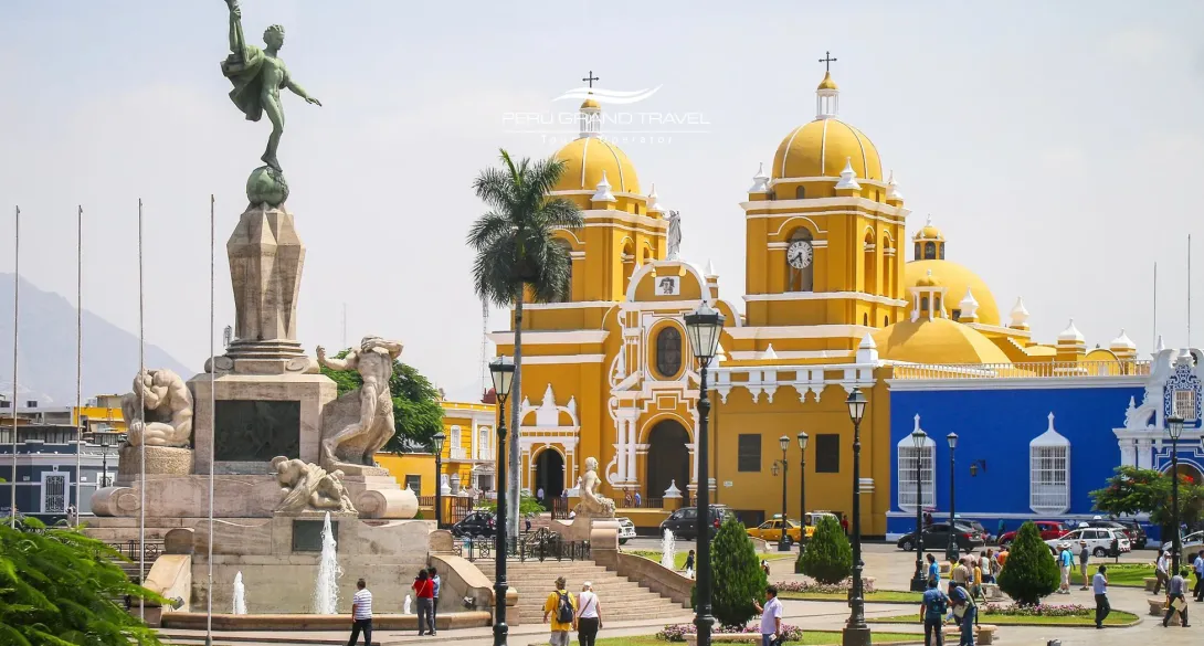 Plaza de Armas of Trujillo, Peru, with the yellow Trujillo Cathedral and colonial architecture in the historic city center