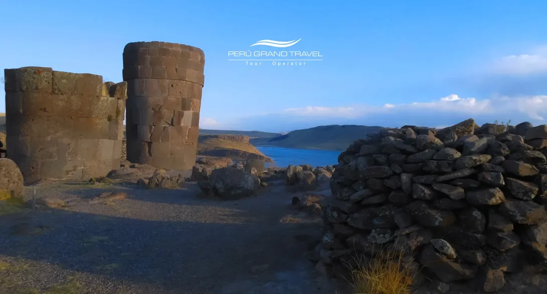 Sillustani Tombs Peru with chullpa funerary towers overlooking Lake Umayo near Puno