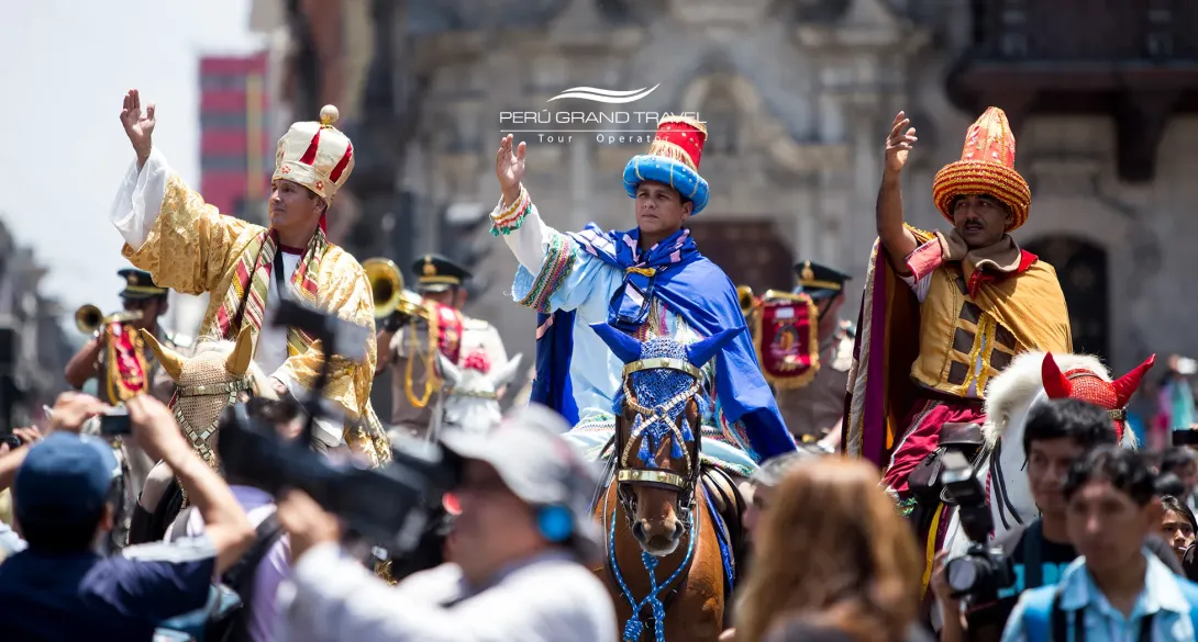 Three Kings Day Epiphany parade in Peru with the Magi on horseback greeting the crowd