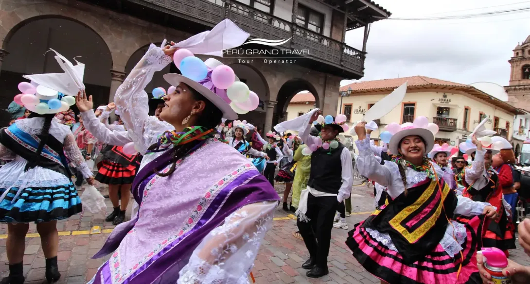 carnival in peru traditional Andean dancers in bright embroidered costumes performing during a lively parade in the streets