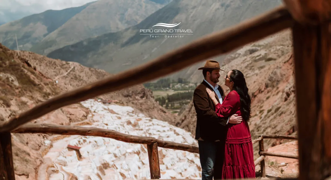 cover page, places to travel for Valentine's Day, couple, lovers, married couple at the Maras salt mines, romantic couple in Cusco, Valentine's Day, romantic trip